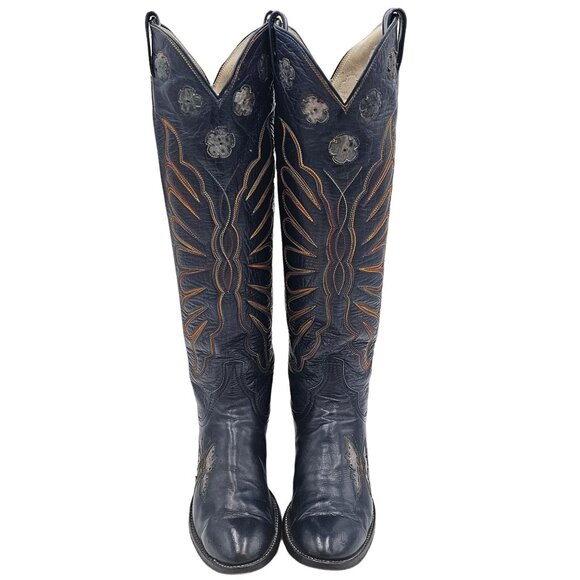 Vintage 1970s CUTTER BILL Cowgirl Boots 6B Navy Rainbow Leather Butterfly Cowboy - Picture 4 of 16